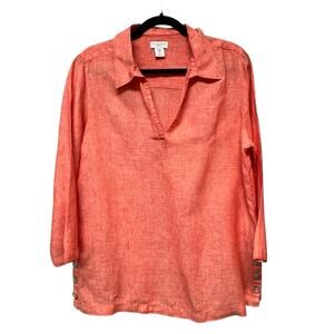 Antibes Blanc Coral Tunic 100% Linen Shirt Popover Coastal Lagenlook Medium
